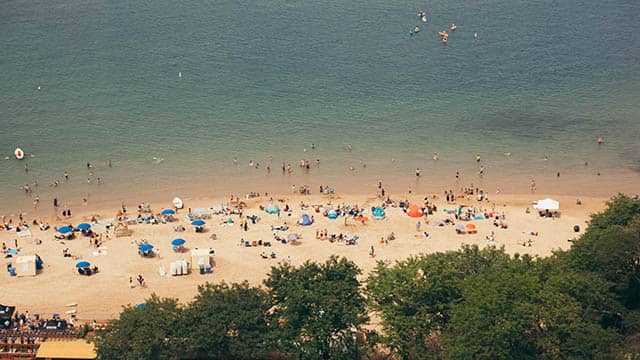 People on the beach on Lake Michigan in Chicago