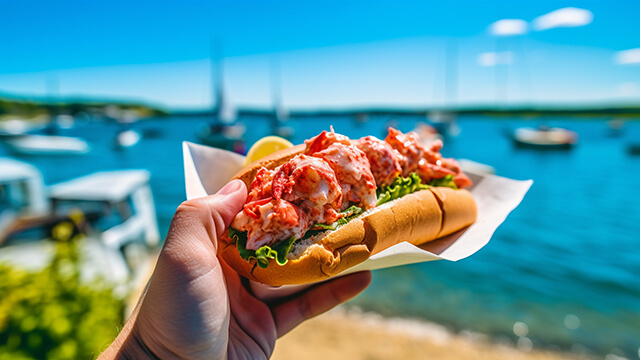 a hand holds up a large lobster roll sandwich on Martha's Vineyard, with boats on the water in the background.