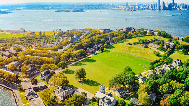 an aerial view of governor's island in New York City