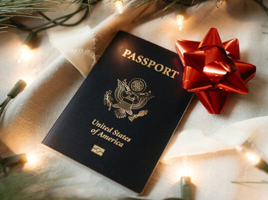 a dark blue US passport with a red bow on it sits under a Christmas treet